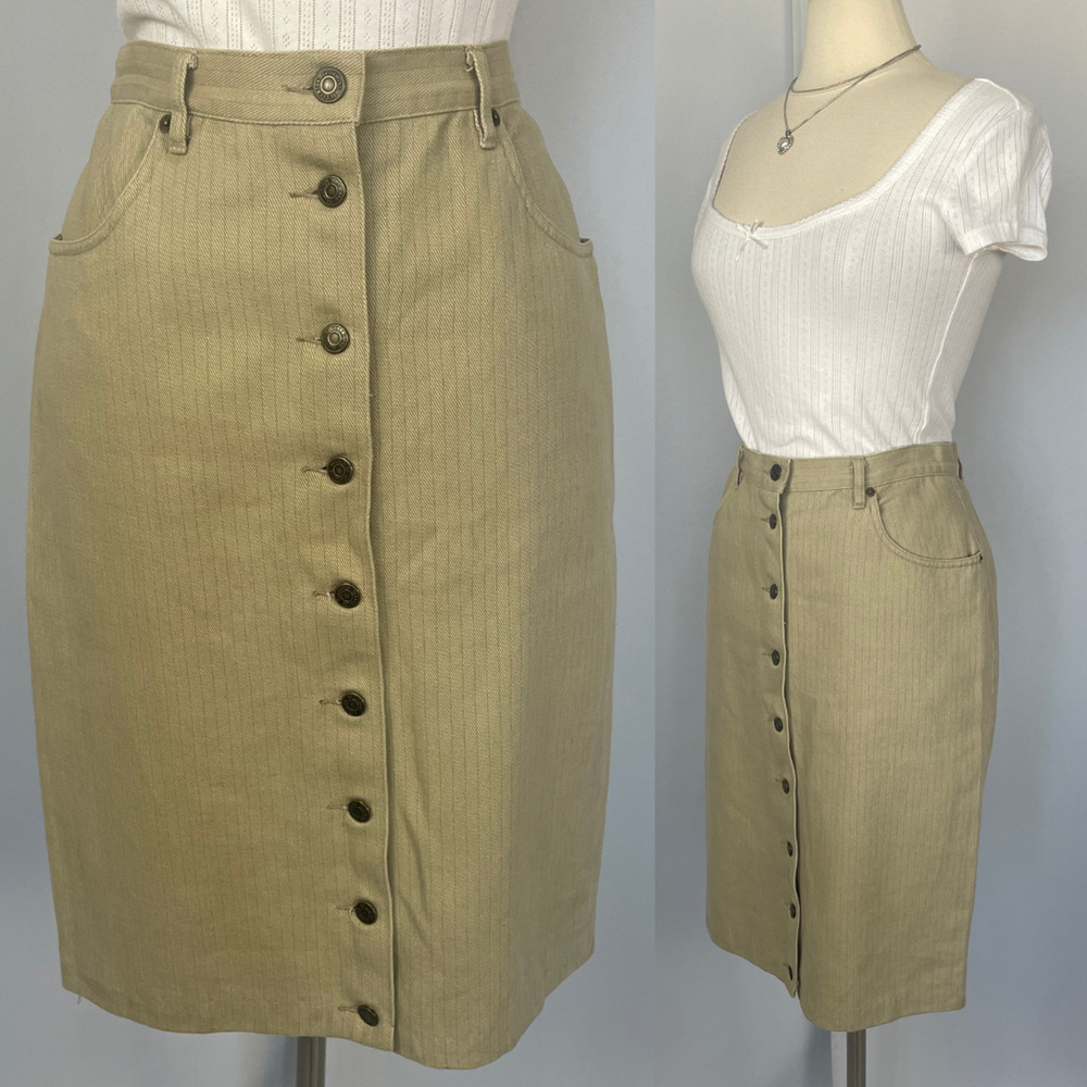 Vintage Button Front Skirt Size 10 Khaki Tan Pinstripe Minimal Rodeo Western 90s
